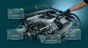 Engine bay steam cleaning